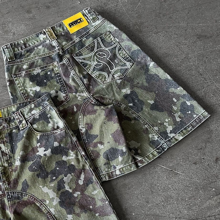 Retro Leaves Camouflage Denim Shorts Y2K Jeans Men Hip Hop Lettering Embroidery Retro Baggy Shorts Low Waist Over The Knee Pants