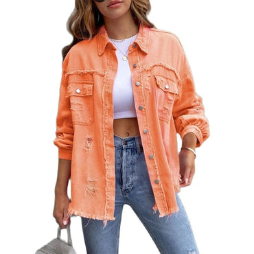 2023 Holes Raw-edges Denim Jacket Women Spring Autumn Shirt Style Jeancoat Casual Top Rose-Red Orange Purple Outerwear Lady Coat