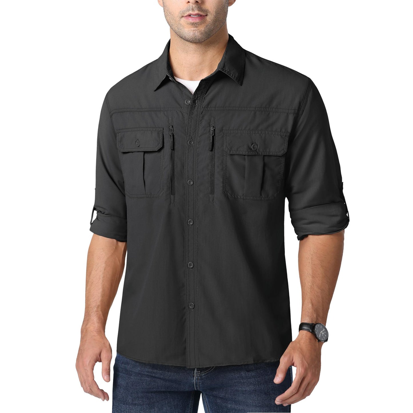 MAGCOMSEN UPF 50+ Mens Quick Dry Cargo Shirts Mesh Breathable Long Sleeve Work Shirts UV block Outdoor Hiking Fishing Shirts