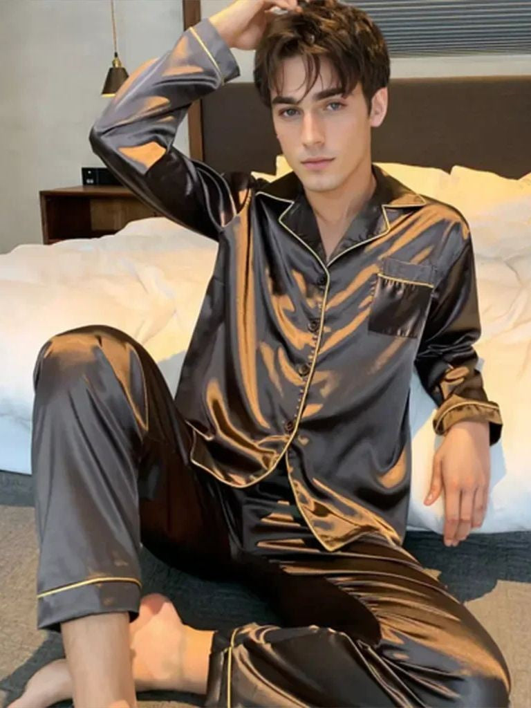 Men Pajama Sets Microfiber Sleepwear For Sleeping Man Shirt Satin Long Sleeve Pyjamas Male Home Night Wear Big size Loungewear