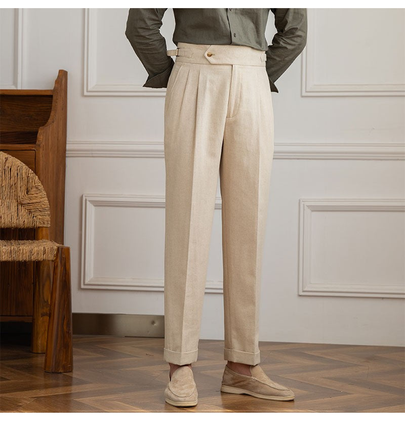 Three Gentleman Summer Naples Casual Straight Pants Men's Commuting Cotton and Linen Comfortable Breathable High Waist Pants