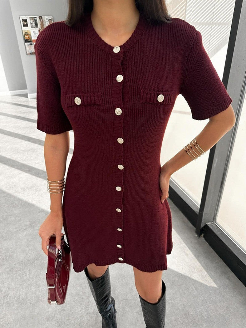Trendix Elegant Knit Mini Dress Women Street Slim High Waist Short Sleeve Rib Sw