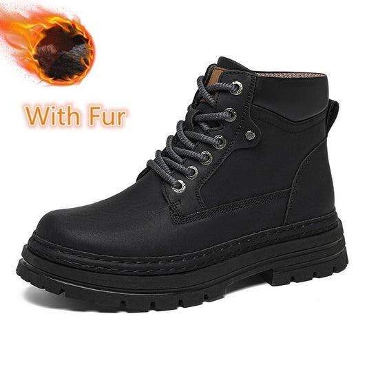 Leather Ankle Boots Stylish Walking Shoes Outdoor Men Casual Footwear Winter Plush Snow Boots New Trendl Mens High Top Shoes