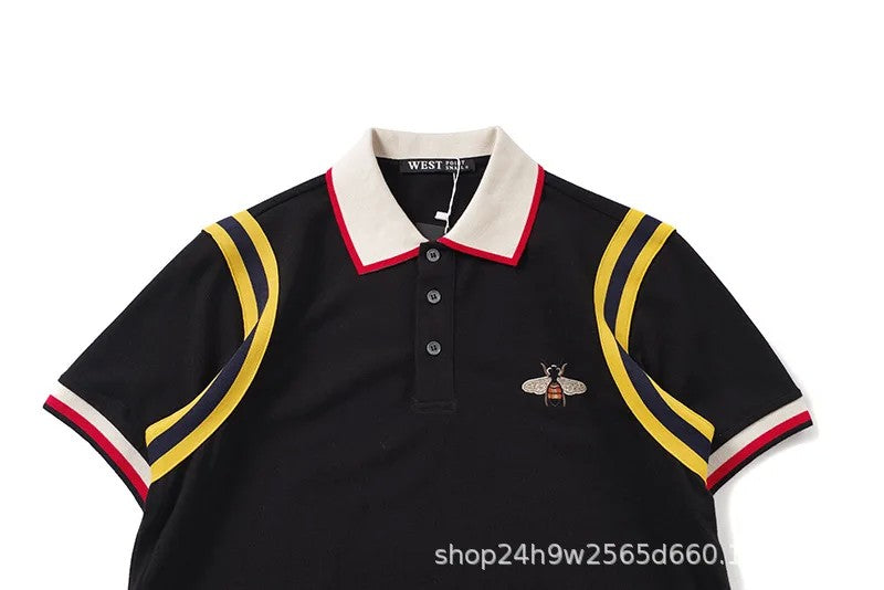 Trendy Gg European American Style Embroidered Small Bee Black Short Sleeve Stand Collar T-shirt Loose Fit Polo Shirt