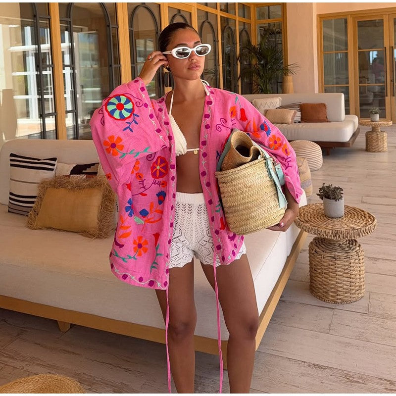 Pink Embroidery Cotton Linen Short Coat Woman Casual Lace Up Long Sleeves V Neck Jacket New Autumn Lady Street Printed Outerwear
