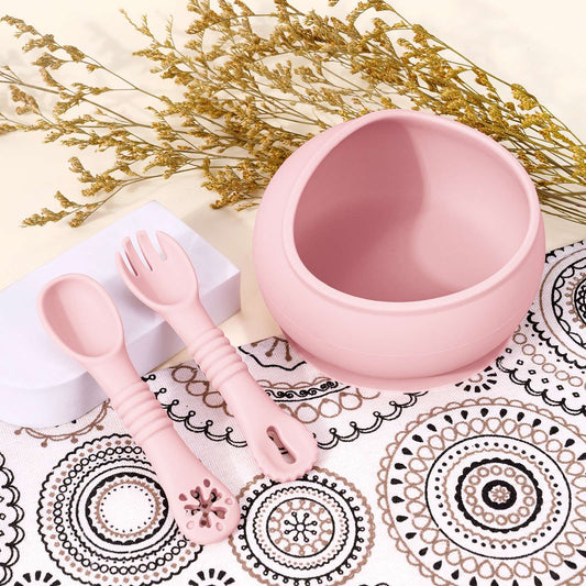 3Pcs Silicone Baby Feeding Bowl Set Learning Dishes Suction Bowl Feeding Spoon For Baby Toddler Training Bendable Chew Utensils