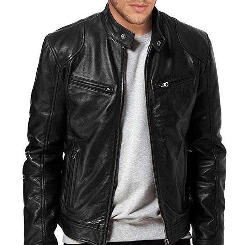 Men' s Retro Leather Jacket Stand Collar Biker Jacket Slim fit Multi-Pocket Coat Autumn Winter Outwear