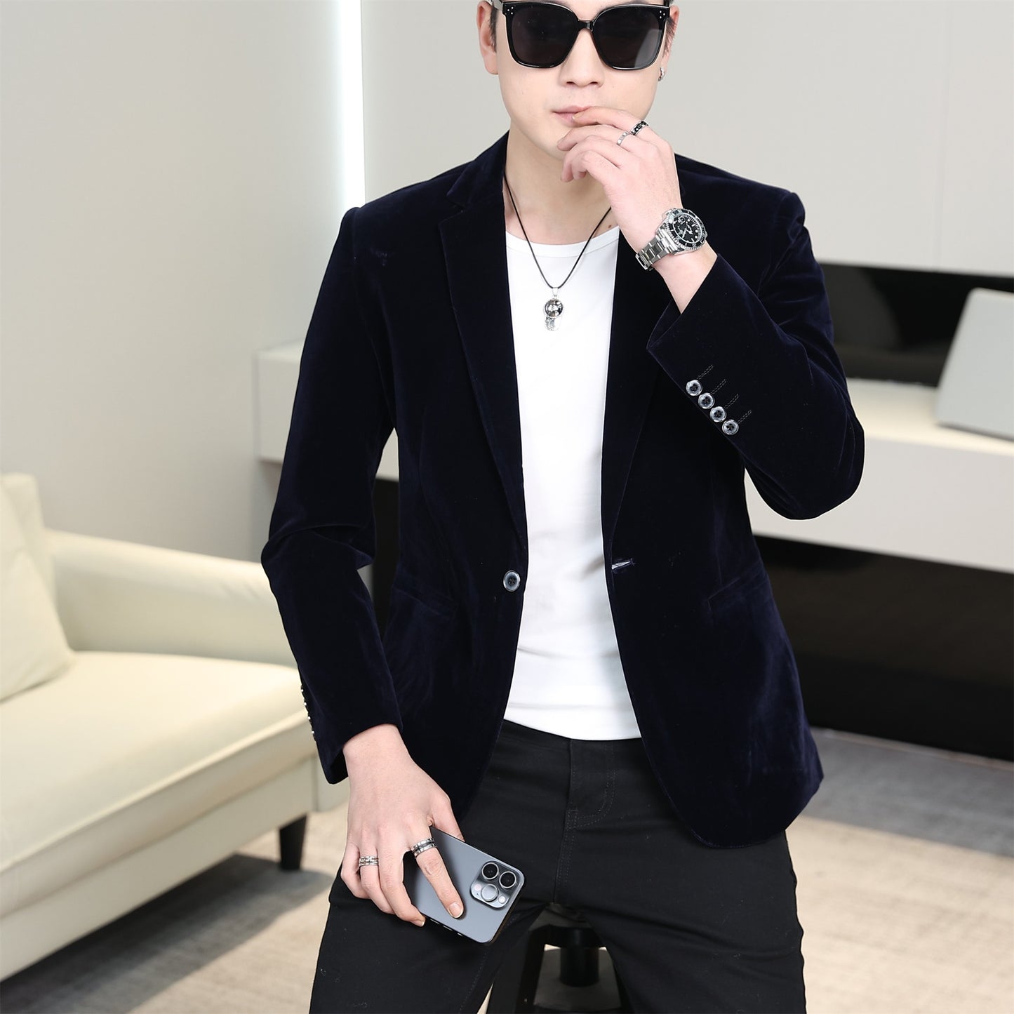 Gold Velvet Suit Men's Trendyy Performance Suit Spring & Fall All Year Round Slim Thin Youth Dress Groomsmen Groom's Dress Wedding Party Suit