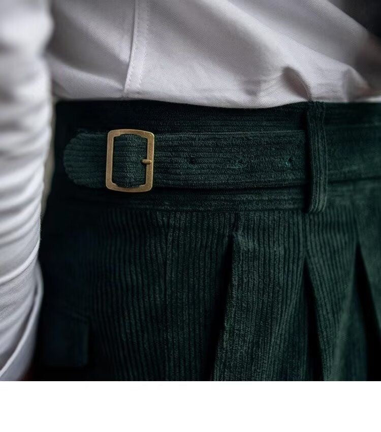 Italian Style Corduroy Naples Suit Pants Men High-waisted Adjustable Belt Straight Trousers Autumn England Business Casual Pant