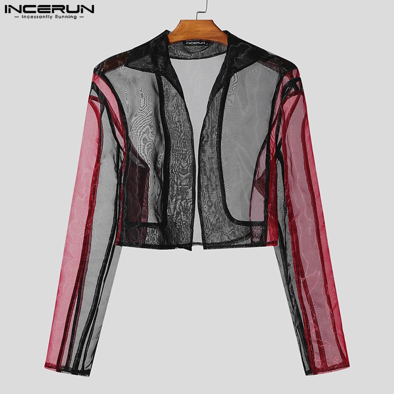 INCERUN Tops American Style Fashion Men Personality Splicing Contrast Color Suit Coat Casual Streetwear Male Long Sleeved Blazer