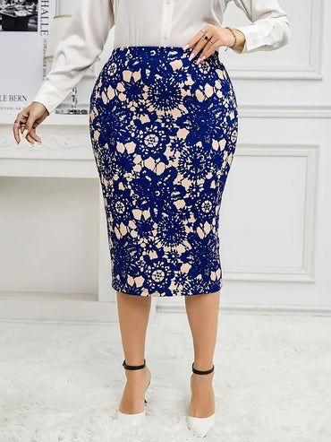 GIBSIE Plus Size Women's Vintage Print Bodycon Midi Skirts Ladies Elegant High Waist Slim Knee Length Office Casual Pencil Skirt
