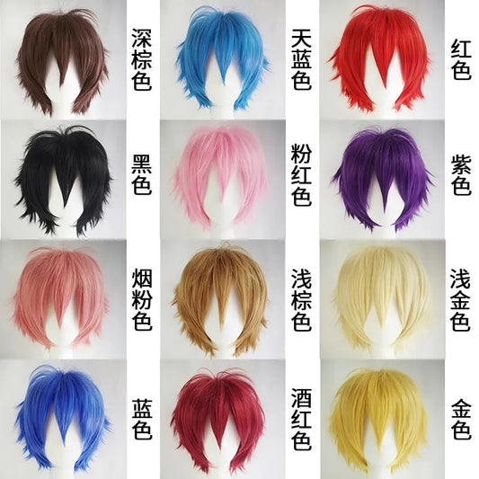 Peruca masculina sintética colorida versátil para cosplay, conjunto de peruca de anime, peruca curta virada para cima