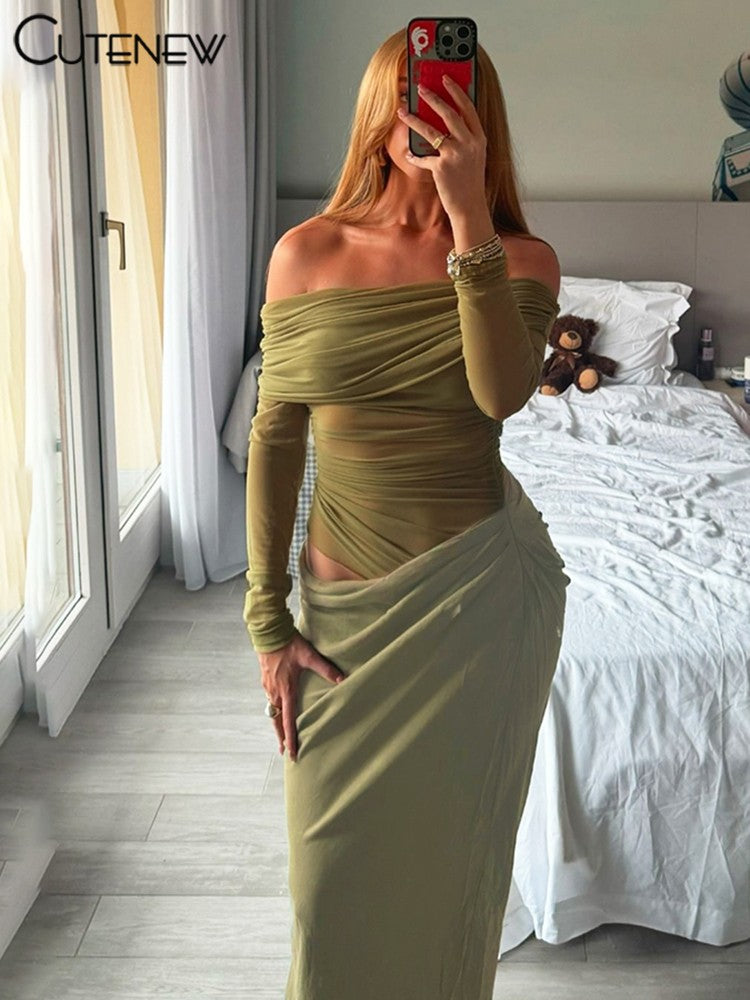 Cutenew Mesh Ruched Women Maxi Dress Sexy See Through Off Shoulder Long Sleeve S
