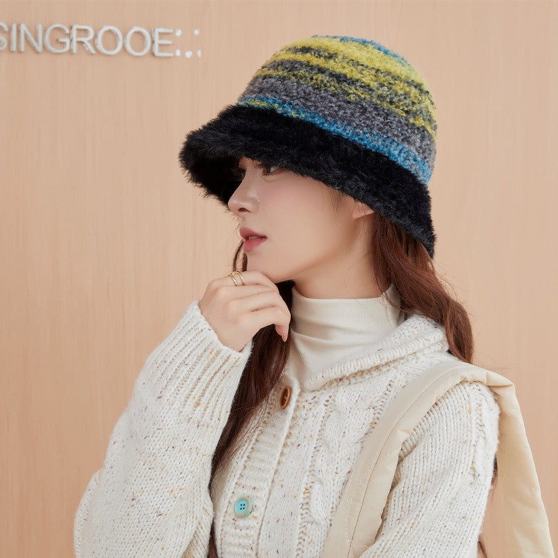 New Warm Luxury Bucket Hat For Women Plush Patchwork Autumn Winter Wool Felt Stripe Large Bucket Hat Colorful Faux Fur Hat Cap