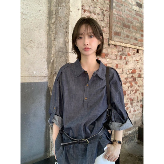 Versatile Chic Dongdaemun Denim Shirt Long Sleeve Woven Straight Cut Commute Urban Style Shirt Versatile Fashionable Shoulder...