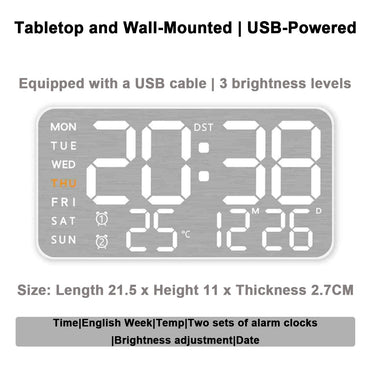 Mirror Brushed Finish Wall Clock Premium Feel Silent Wall Clock Table Alarm Clock Temp Display Bedroom Office Living Room Decor