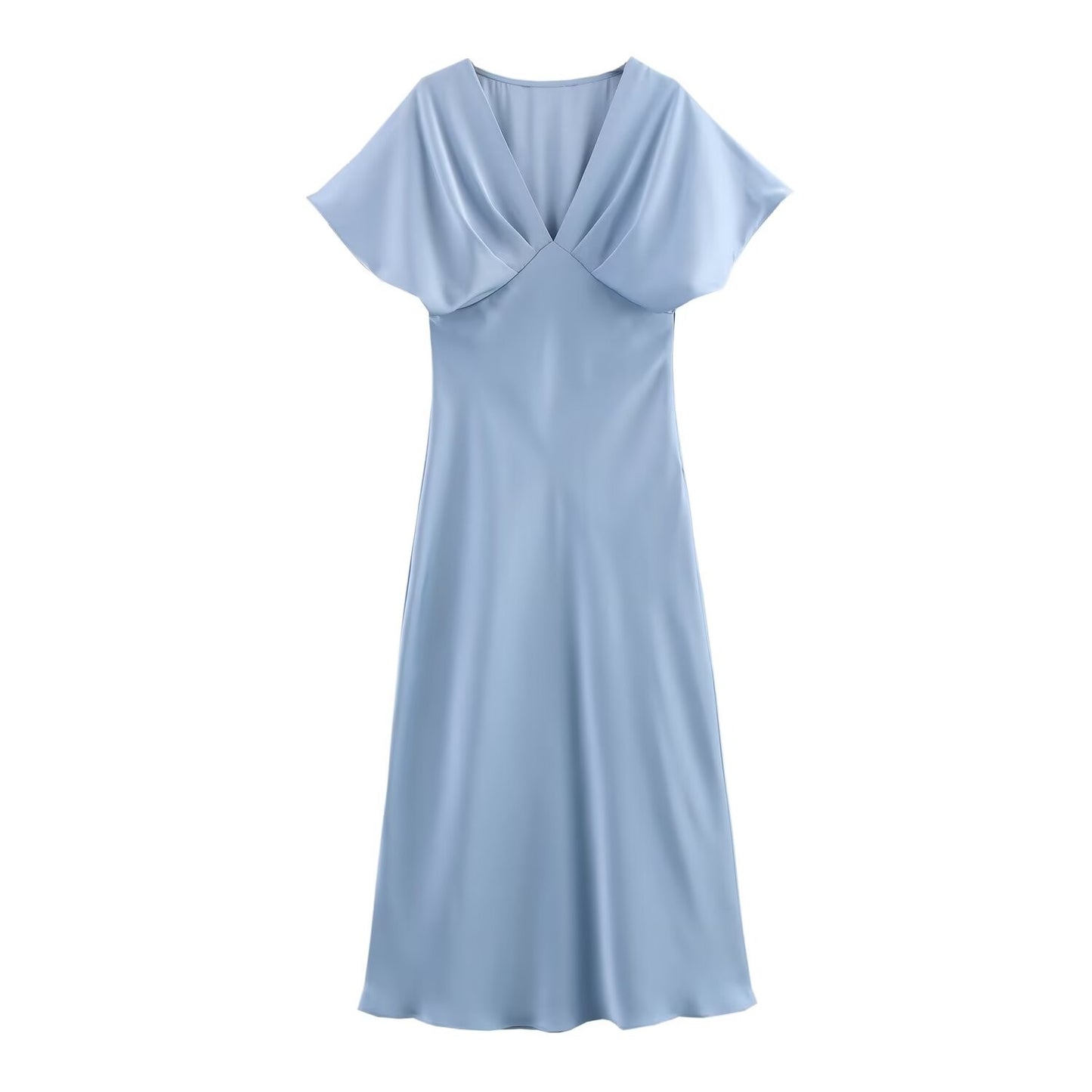 TRAFZA Women Elegant Solid Satin Dress Sexy V Neck Short Sleeve Midi Dress 2025