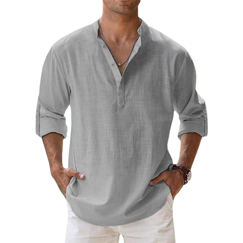 2023 New Men's Linen Long Sleeve Breathable Shirt Solid Color Casual Basic Cotton Linen Shirt Tops S-5XL