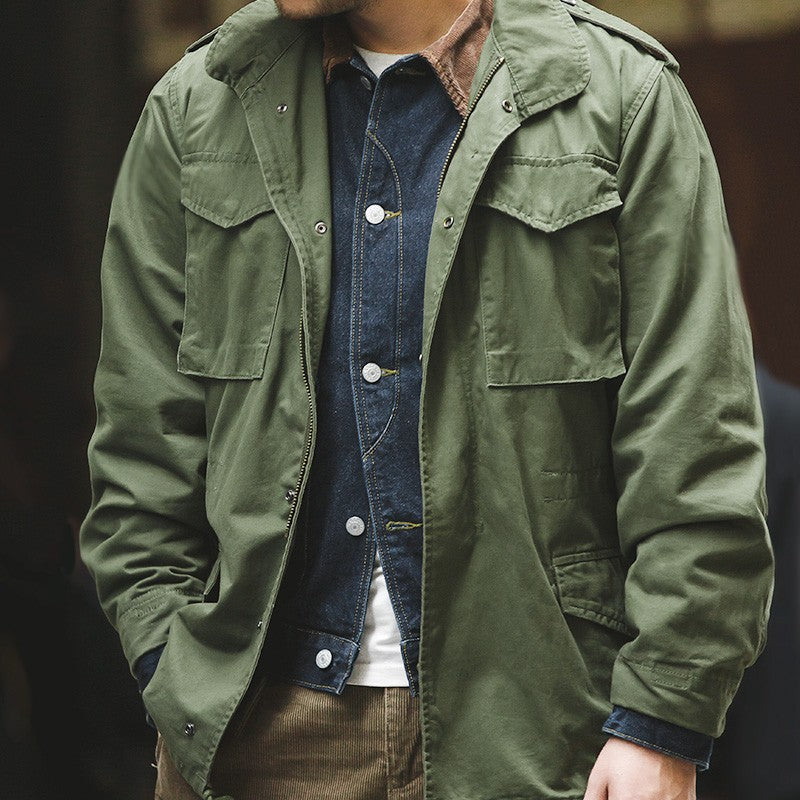 Maden Military M65 Field Jackets For Men's Green Vintage Army Jacket Casual Windbreaker Solid Lapel Collar with Pockets Overcoat