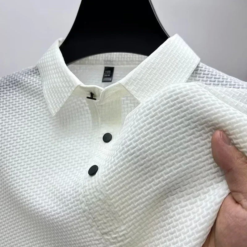 ?High-quality?Asian Sizes Summer New Men's Lop-up Hollow Short-sleeved Polo Shirt Ice Silk Business Casual Sweat-absorbing Top