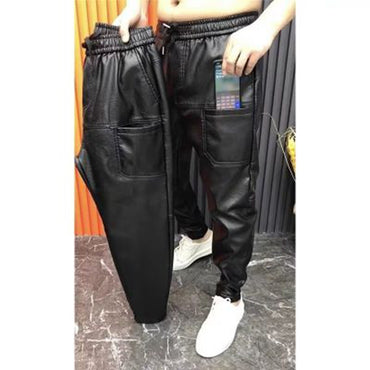 Men Leather Pants Elastic Waist Faux Leather Pants Men Joggers Zipper Pockets Black Streetwear Slim Pencil Pant Men Clothing