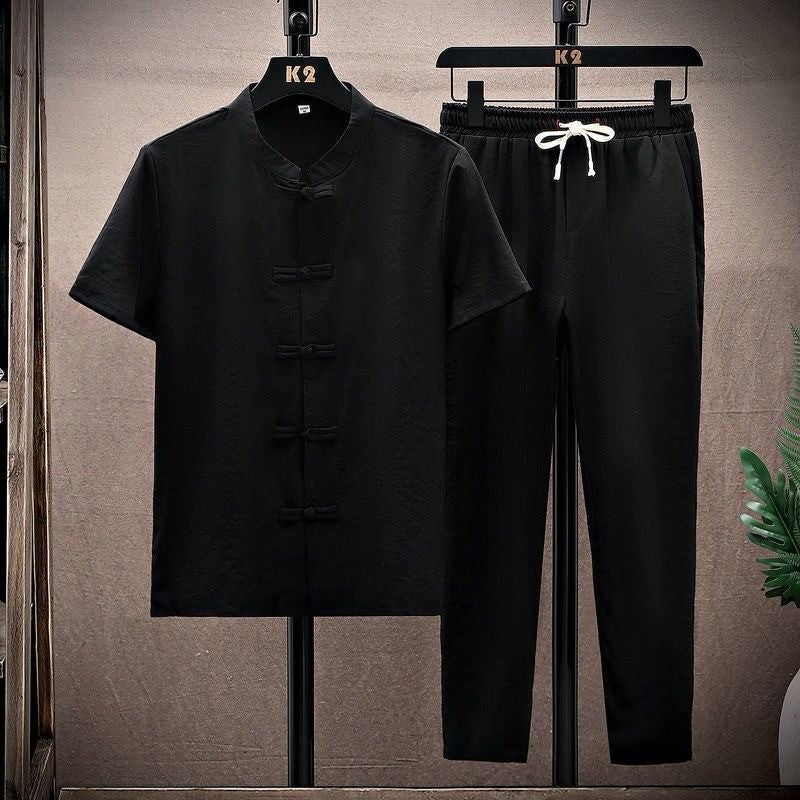 Summer New Fashion Solid Color Breathable Cotton and Linen Suit Men's Leisure Loose Sports Large Size High-Grade Two-Piece Set