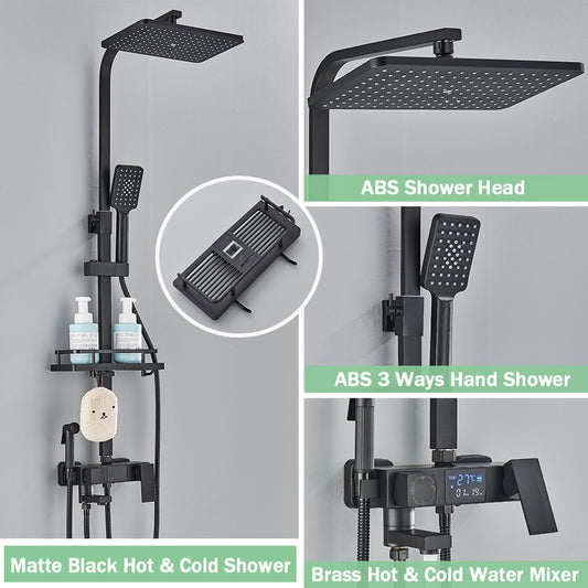 Black Digital Display Thermostatic Shower Faucet Bathroom Thermostatic 4 ways Rainfall Shower Mixer Tap,Shelf and Bidet Faucets