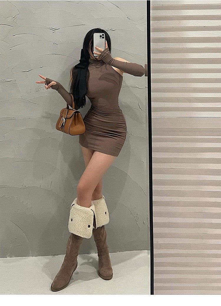 Summer Sexy High Neck Tight Dress Oversleeve Pleated Bottom Wrapped Hip Dress Wo