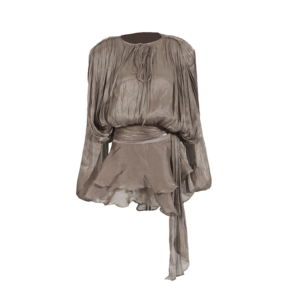 TWOTWINSTYLE Solid Patchwork Lace Up Blouse Mini Dresses For Women V Neck Long S