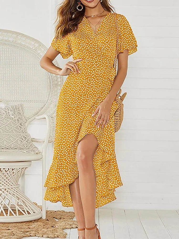 Summer Beach Maxi Dress Women Floral Print Boho Long Chiffon Dress Ruffles Wrap