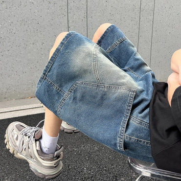 Summer New Baggy Denim Shorts Fashion Casual Straight Harajuku Jeans Male Vintage Wash Drawstring Short Pants Streetwear