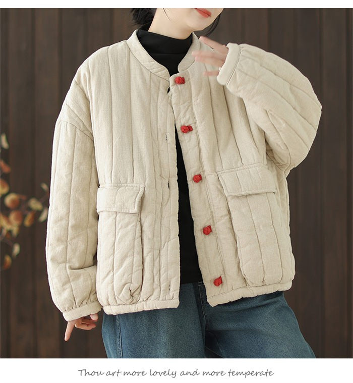 Cotton And Linen Women's Quilted Jacket 2024 New Autumn And Winter Retro Chinese Style Short Thick Casual Padded Coat Top K2675