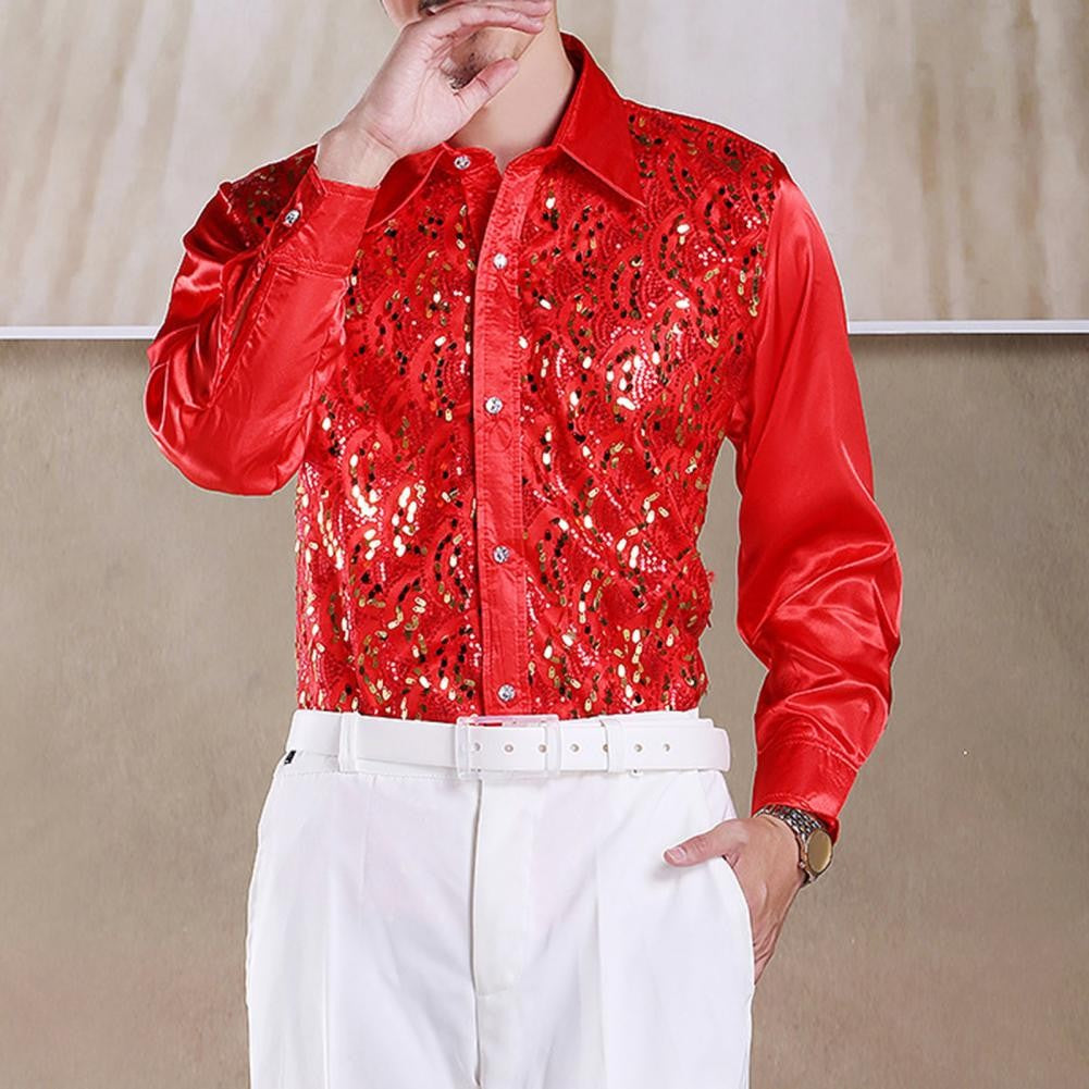Men Sequins Shirt Adult Lapel Long Sleeved Dance Performance Shirt Costume Wedding Stage Shirt Slim Fit Casual Men Shirts Tops