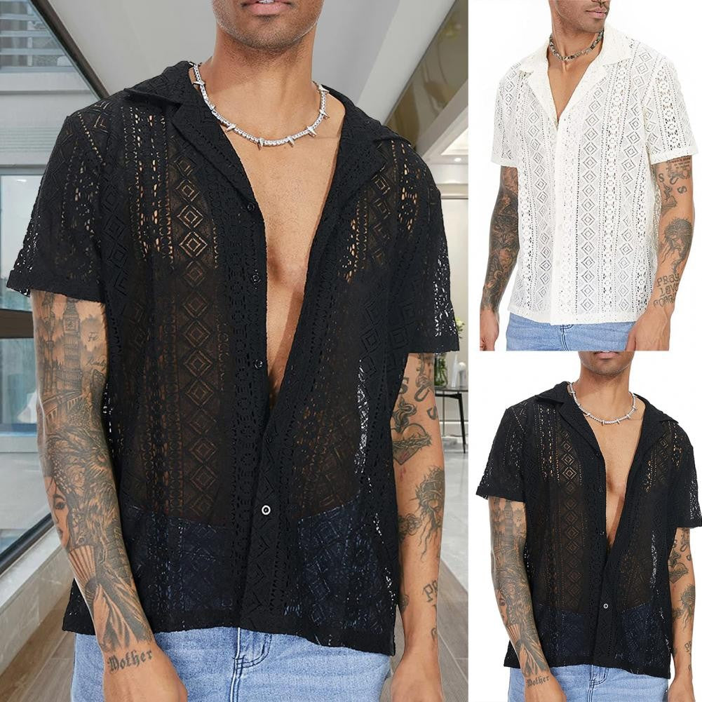 Stylish Men T-shirt Mid-length Solid Color Soft Breathable See-through Men Shirt Men Shirt Daily Wear