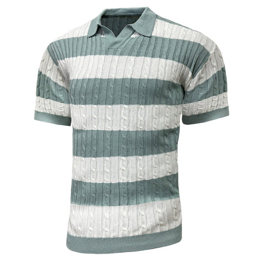 Men's Polo Short Sleeve Retro Knit Lapel Striped Short Sleeve Fashion Popular Knitwear Casual Breathable Top US Size