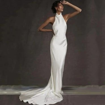 Customized Simple Mermaid White Wedding Dress Sexy Backless Bridal Halter Sleeveless Gown Vestido Elegant Floor-Length 2025