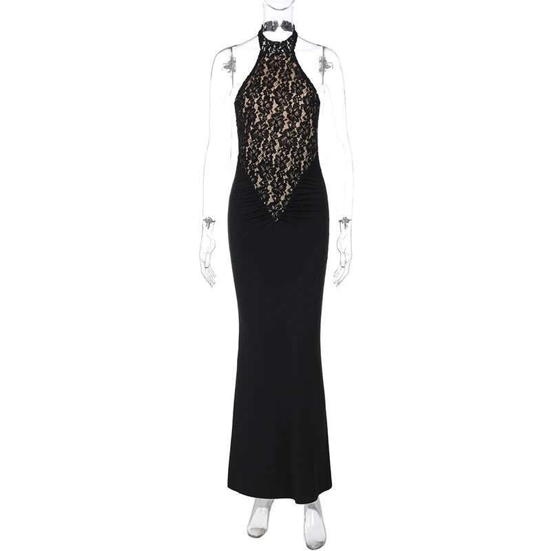Mozision Lace Halter Backless Sexy Maxi Dress For Women Black Off-shoulder Strap