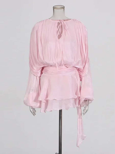 TWOTWINSTYLE Solid Blouse Mini Dresses For Women V Neck Long Sleeve Spliced Lace
