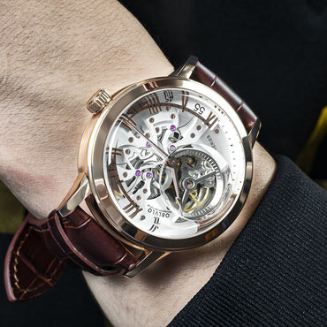 OBLVLO Luxury Retro Casual Men Skeleton Automatic Watches Mechanical Calfskin Strap Mineral Crystal Glass Waterproof Dial 45 VM