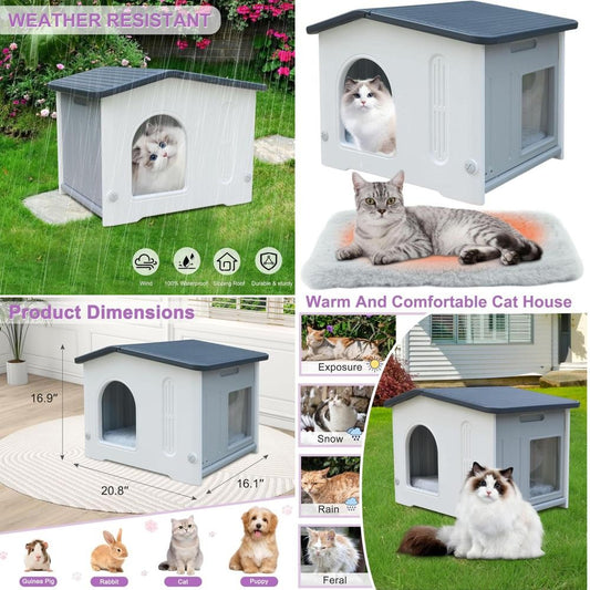 Abrigo para Gatos Cinza à Prova D'Água para Exteriores com Saída de Emergência para Gatos de Rua e Domésticos, Fácil de Montar