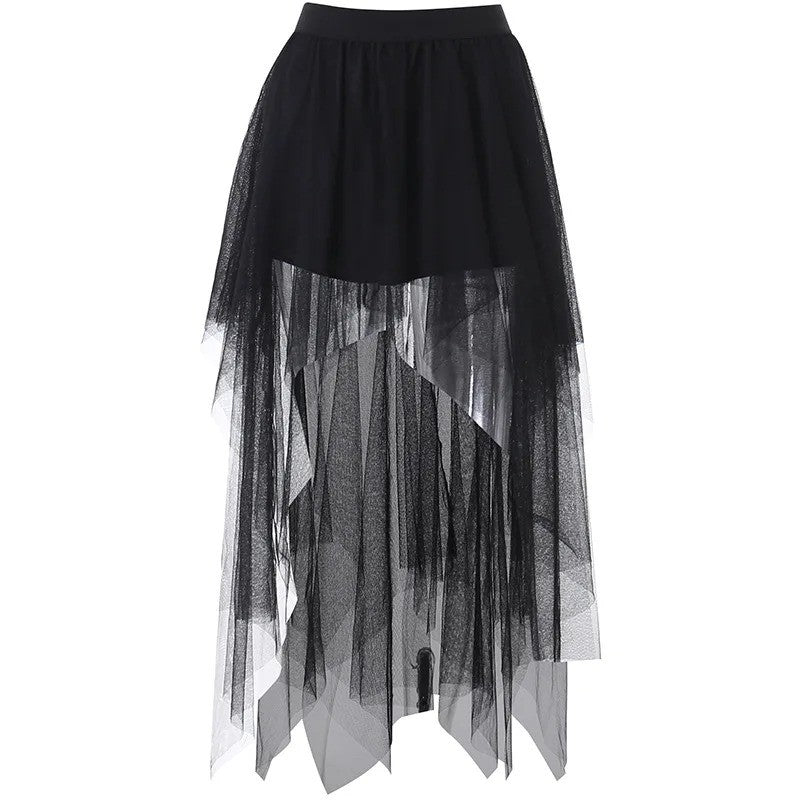 Sexy Net Yarn High-Waisted Irregular Skirt for Women Summer New European and Ame