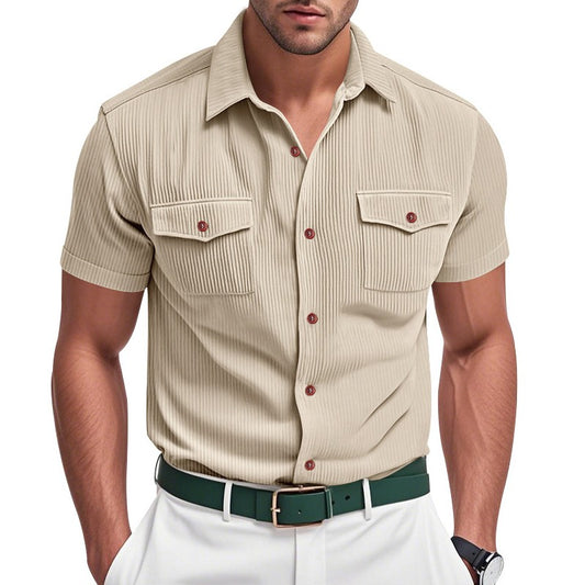 Fashion Ribbed Textured Corduroy Cargo Shirt Men Summer New Casual Solid Color Buttoned Shirts Mens Leisure Short Sleeve Shirts