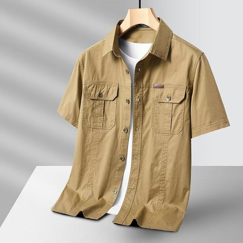 New Summer Men's Short Shirt Korean Casual Oversized Navy Blue Cargo Shirt Classic Retro Men Clothing Outdoor Sports Durable Top