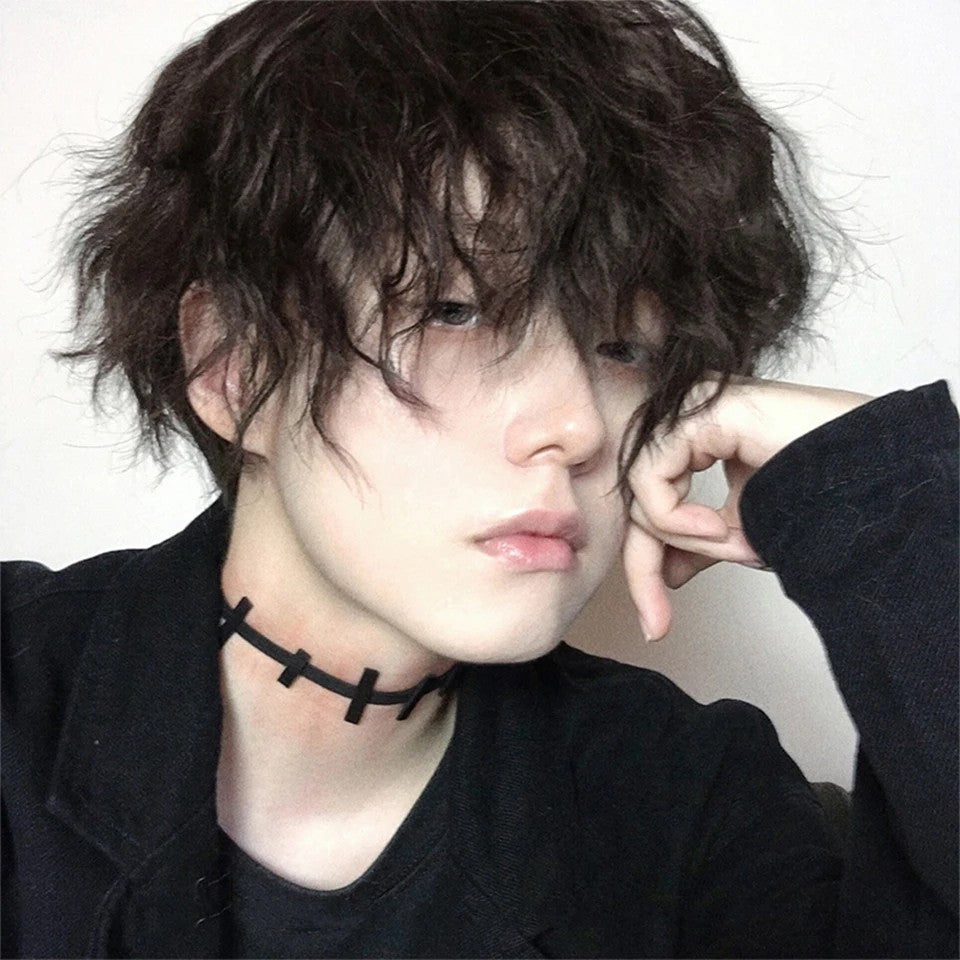 OLACARE Perucas Curta Mullet com Franja Sintética Reta Anime Masculina Preto Branco Cinza Verde Peruca de Cabelo para Festa Diária Cosplay
