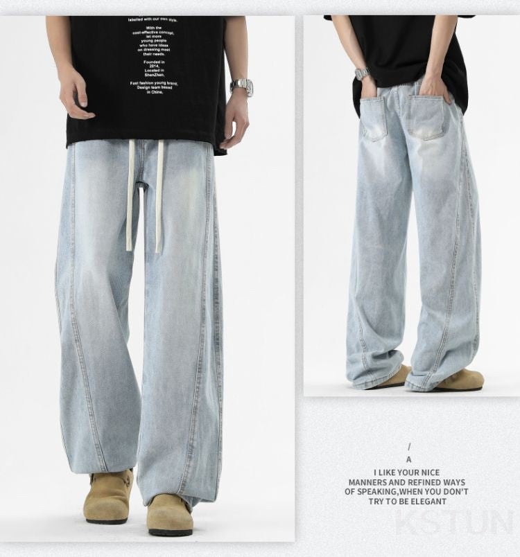 KSTUN Light Blue Jeans Men Straight Loose Mens Baggy Pants Elastic Wasit Wide Leg Jeans Vintage Washed Large Size Spring 2026