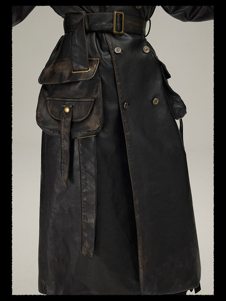 Mauroicardi Spring Autumn Long Distressed Black Pu Leather Trench Coat Men Belt Double Breasted Luxury European Fashion 2023