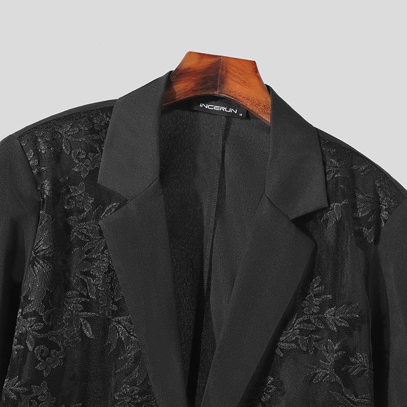 INCERUN Men Blazer Mesh Patchwork Lace Transparent Lapel Long Sleeve Casual Suits Men Streetwear 2024 One Button Fashion Coats