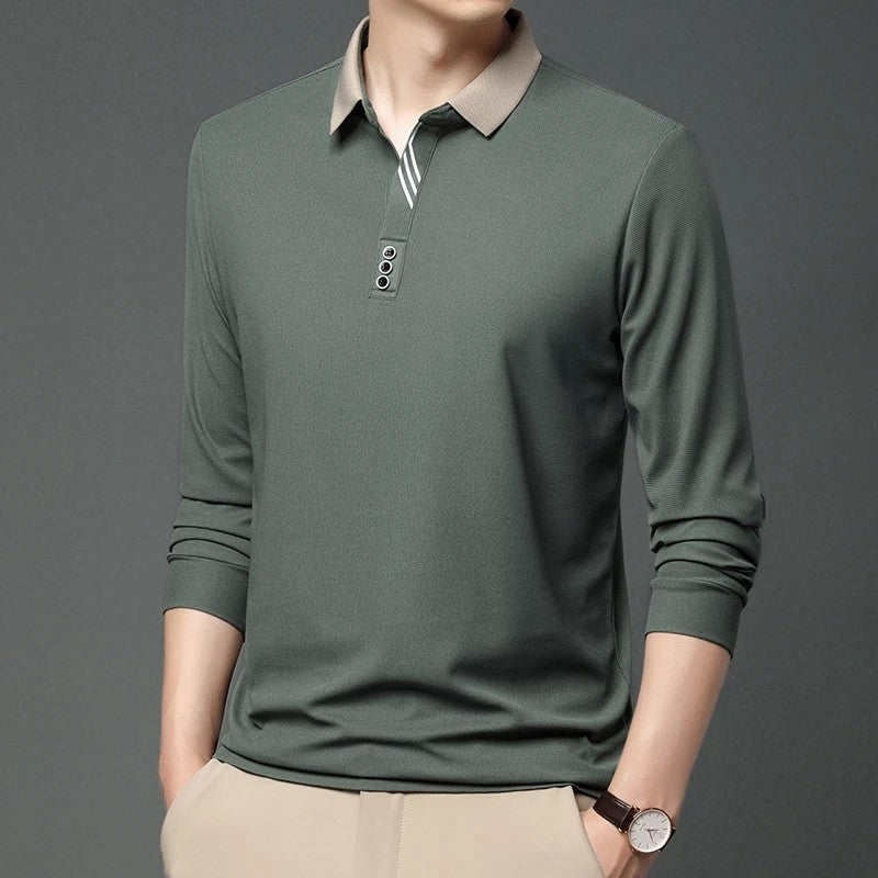 New Men's Business Casual Long Sleeved Shirt Solid Color Polo Shirt Fashionable Breathable Comfortable Versatile Top