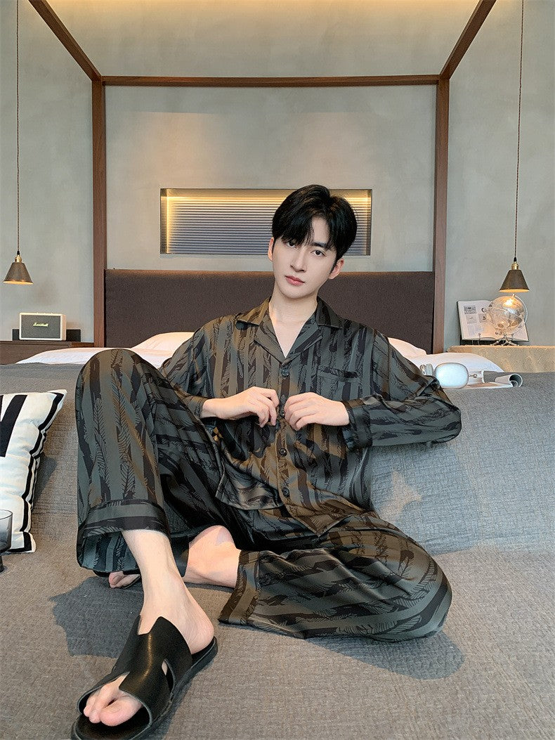 Large Size Ice Silk Men's Sleepwear 2025 New High-End V-Neck Thin Long Sleeved Two-Piece Set for Home Wear Youth Nightwear