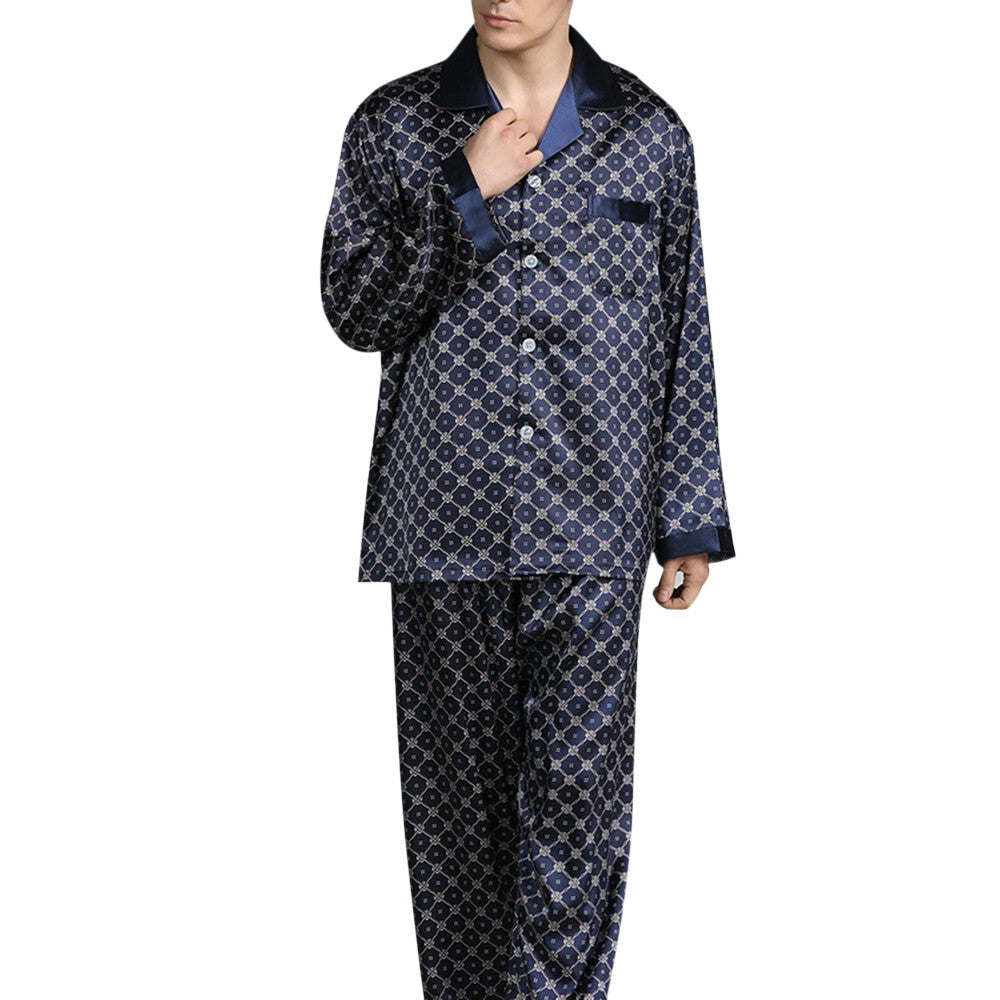 Mens Satin Silk Pajama Sets Sleepwear Casual Nightgown Loose Loungewear Pajamas Pijamas Autumn New Print Nightwear Homewear